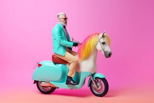 Trendy hipster riding funny moto-Unicorn-horse. Vivid colours, pink background. Fancy greeting banner for trendy colleagues. Party and fun concept. AI image. 