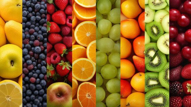 Colorful collage of fruits texture close up