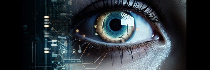 Cyber technology eye panel concept. Human android cyborg eye futuristic concept. Data scanning. Future scientific technology innovation safety science. Artificial intelligence concept. AI image