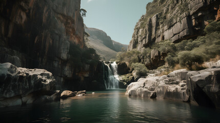 A majestic shot of a waterfall cascading down a rocky cliff into a clear pool below.