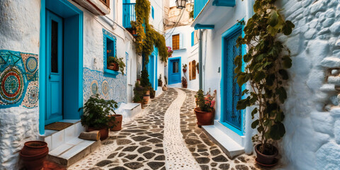Fototapeta na wymiar a street leading to a Greek village on the island