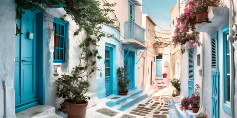 a narrow alleyway in blue and white houses,