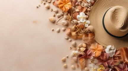 Obraz na płótnie Canvas Straw hat and Flowers on sand beach. Summer Holidays concept. Generative AI