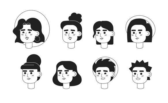 Tourists students monochromatic flat vector character head bundle. Traveler. Editable black white cartoon face emotions. Hand drawn lineart ink spot illustration pack for web graphic design, animation
