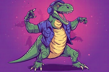 Dinosaur Illustration Hip Hop Dancer Having Fun Generative AI