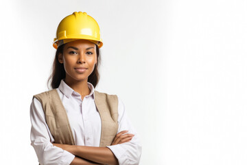 Woman architect in a protective helmet and overalls on a white background with copy space. Photorealistic illustration generative AI. - obrazy, fototapety, plakaty