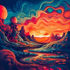 A dreamlike digital illustration showcasing a surreal landscape, where undulating waves of psychic energy ripple through the sky and terrain. - Generative AI