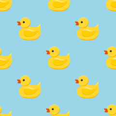 Cute little yellow rubber seamless pattern. Plastic duck toy for bath endless texture. Vector flat cartoon style design element bathing baby toy illustration.
