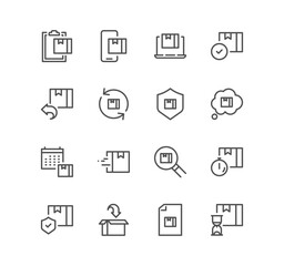 Set of delivery related icons, delivery date, courier, warehouse, return search parcel, fast shipping and linear variety vectors.
