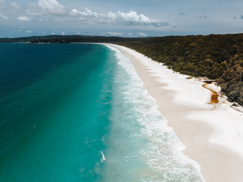 Jervis bay Panorama Aerial Drone Picture of the white sand Hyams beach in New South Wales, Australia