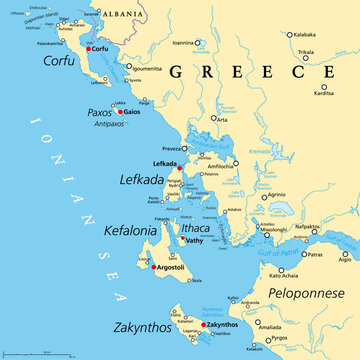 Ionian Islands Region of Greece, political map. Greek group of islands in the Ionian Sea. Corfu (Kerkyra), Paxos and Antipaxos, Lefkada, Kefalonia (Cephalonia), Ithaca (Ithaki), and Zakynthos (Zante).