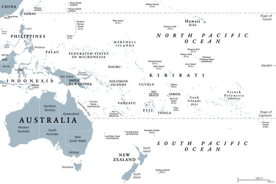 Oceania, gray political map. Australia and the Pacific, including New Zealand. Geographic region, southeast of the Asia-Pacific region, including Australasia, Melanesia, Micronesia and Polynesia.