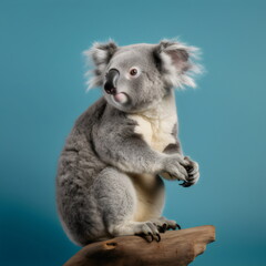 Fototapeta premium koala sitting isolated on blue studio background, made with generative ai