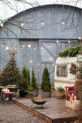 Fototapeta na wymiar Vintage old trailer with Christmas decorations