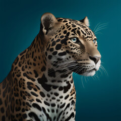 jaguar sitting isolated on teal studio background, made with generative ai