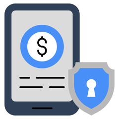 Dollar inside smartphone with shield, icon of secure mobile money