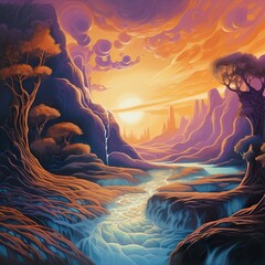 An imaginative acrylic painting presenting a fantastical landscape, with waves of psychic energy weaving through the air and the environment. - Generative AI