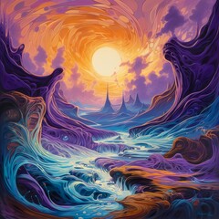 An imaginative acrylic painting presenting a fantastical landscape, with waves of psychic energy weaving through the air and the environment. - Generative AI