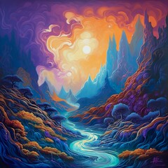 An imaginative acrylic painting presenting a fantastical landscape, with waves of psychic energy weaving through the air and the environment. - Generative AI