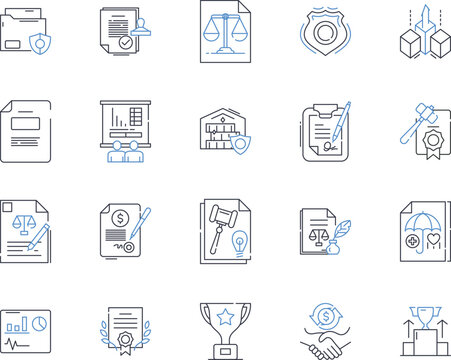 Criminal law line icons collection. Felony, Misdemeanor, Indictment, Evidence, Sentencing, Appeal, Parole vector and linear illustration. Probation,Jury,Bail outline signs set