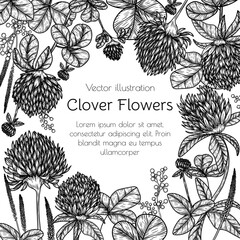 Vector frame of flowers and clover leaves in engraving style
