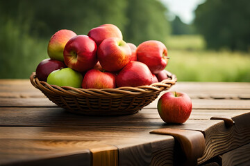 Fototapeta na wymiar Basket of Apples Freshly Harvested Sitting Atop a Table. Generative AI
