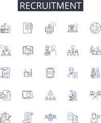 Recruitment line icons collection. Hiring process, Talent search, Staffing needs, Personnel selection, Employment hunt, Human Resources, Talent acquisition vector and linear illustration. Job