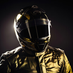 Motorcyclist racer in black leather jacket and helmet