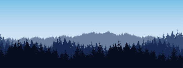Forest blackforest woods vector illustration banner landscape panorama long - Blue silhouette of spruce, fir trees and blue sky - obrazy, fototapety, plakaty
