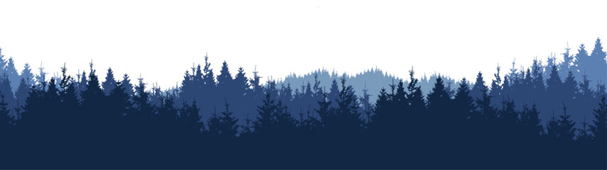 Forest blackforest woods vector illustration banner landscape panorama long - Blue silhouette of spruce and fir trees, isolated on white background - obrazy, fototapety, plakaty