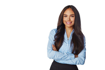 Portrait, happy and business woman with arms crossed isolated on a transparent png background. Professional, smile and confident female person or entrepreneur from Brazil with pride for career or job