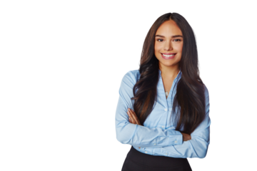Portrait, happy and business woman with arms crossed isolated on a transparent png background. Professional, smile and confident female person or entrepreneur from Brazil with pride for career or job