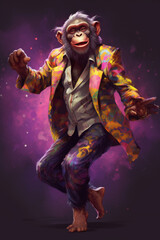 Digital Painting eines fröhlichen tanzenden funky Affen im Party Outfit. Hochformat. Generative Ai.
