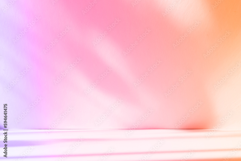 Poster Abstract pink color gradient studio background for product presentation. Empty room with shadows of window and flowers and palm leaves . 3d room with copy space. Summer concert. Blurred backdrop.