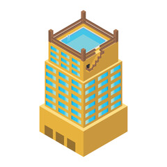 Isometric skyscraper with a swimming pool on the roof. on a white background. Sale and rental of real estate. Big building concept. big city architecture