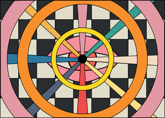 Bright cool cartoon psychedelic rainbow eye with multicolored rays on checkerboard background - 60s-70s hippie floral style. Frame, template, background,decoration. Vintage vector illustration.