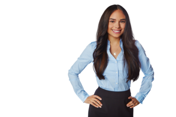 Hand on hips, portrait and business woman isolated on a transparent png background. Professional, happiness and confident female person or entrepreneur from Brazil with pride for career or job.