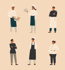 Group of chefs, man and woman chef, waitress, restaurant kitchen staff. Vector set. Restaurant team concept. Cook people characters, in uniform