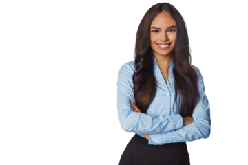 Portrait, smile and business woman with arms crossed isolated on a transparent png background. Professional, happiness and confident female person or entrepreneur from Brazil with pride for career.