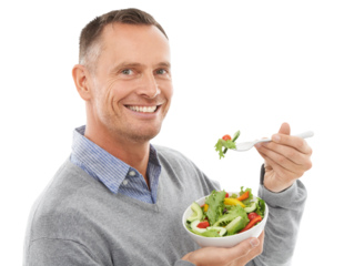 Healthy food, diet and portrait of happy man with salad, nutrition and smile isolated on transparent png background. Health, happiness and hungry male model eating vegetable bowl for vegan benefits.