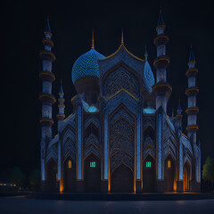 Eid al-Fitr | a high-definition photograph of a mosque at night during Eid al-Fitr, with colorful lights and geometric designs on the building's fa&ccedil;ade. Ai