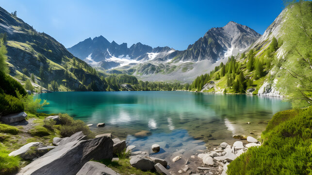 A pristine alpine lake nestled in a valley between towering mountains, surrounded by lush green forests and a clear blue sky above. Snow-capped peaks rise up in the distance.