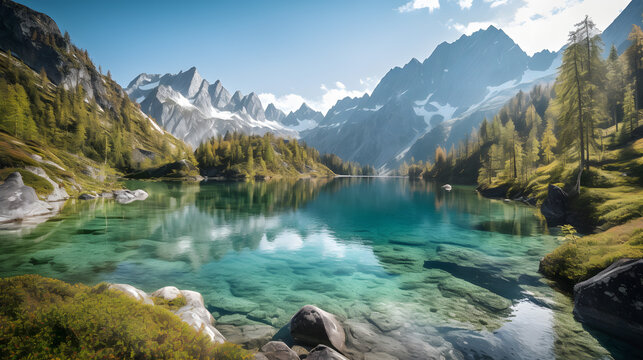 A pristine alpine lake nestled in a valley between towering mountains, surrounded by lush green forests and a clear blue sky above. Snow-capped peaks rise up in the distance.