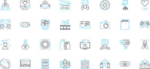 Video production linear icons set. Cinematography, Editing, Lighting, Camera, Scripting, Audio, Storytelling line vector and concept signs. Visuals,Pre-production,Post-production outline illustrations