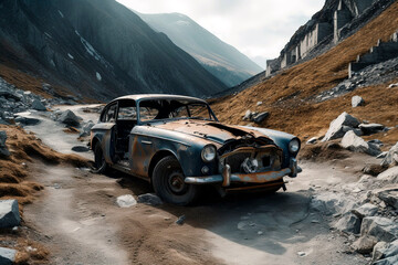 Partly destroyed and heavily damaged car on a mountain pass road. Mountains in the Background.