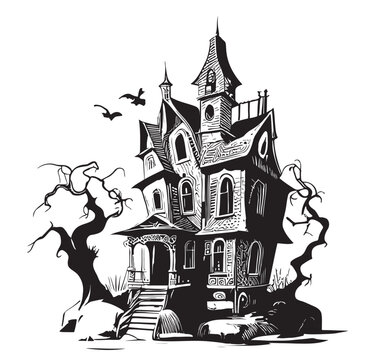 Haunted House silhouette Hand Drawn Sketch Illustration Halloween Cartoon