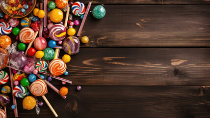 Colorful candy lollipops on a wooden table background, assorted party sweets, top view with copy space place for text, Holiday card Happy birthday party concept banner