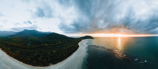 Panorama Cape Tribulation aerial view of Myall Beach at Daintree National Park in Tropical North Queensland, Australia