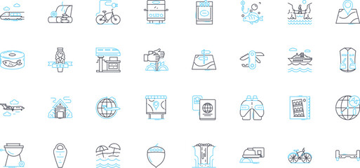 Vacations linear icons set. Relaxation, Adventure, Beach, Mountains, Escape, Explore, Roadtrip line vector and concept signs. Culture,Wellness,Family outline illustrations