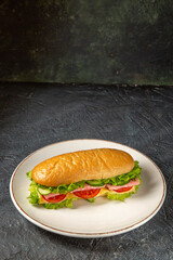 Homemade sandwich on a white plate on dark distressed background with free space